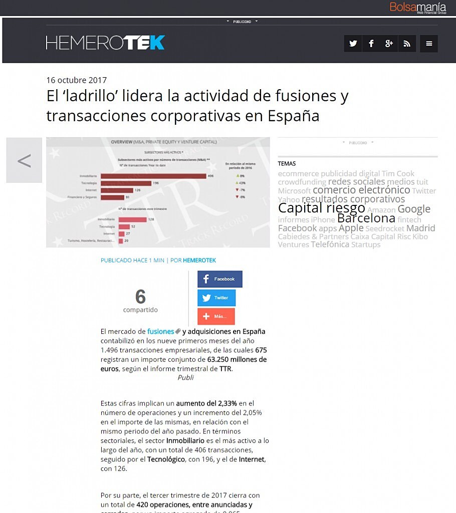 El ladrillo lidera la actividad de fusiones y transacciones corporativas en Espaa